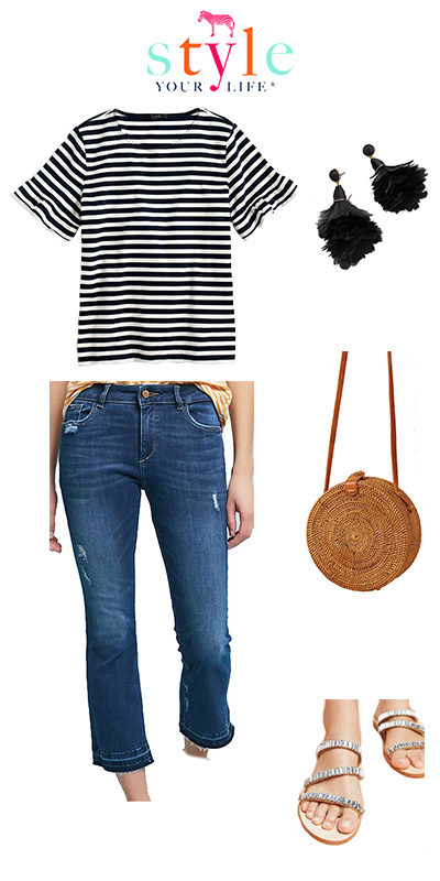 Striped Tee and Feather Earrings 