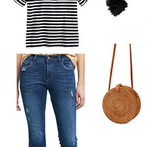 Striped Tee Feather Earrings Outfit